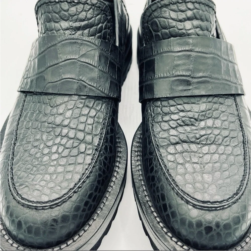 Marni Teal Croc-Effect Embossed Leather Platform Loafers | Lug Sole EU 38 / US 8 - Picture 5 of 11